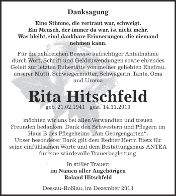 Traueranzeige von Rita Hitschfeld von WVG - Wochenspiegel Dessau / Köthen