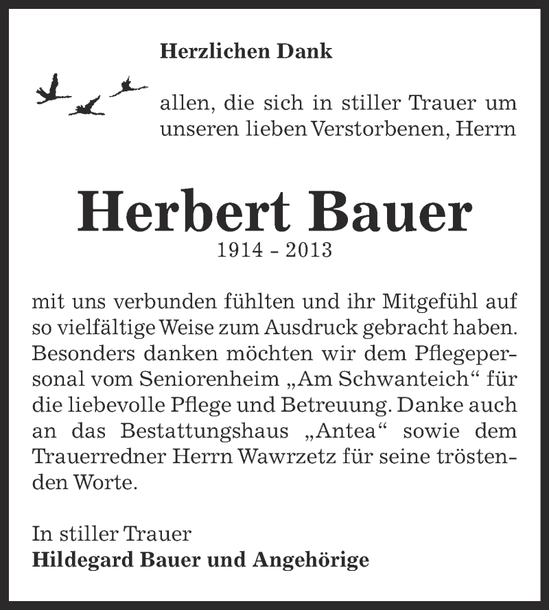  Traueranzeige für Herbert Bauer vom 15.12.2013 aus Super Sonntag Zeitz
