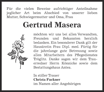 Traueranzeige von Gertrud Masera von Super Sonntag Zeitz