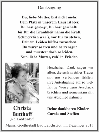 Traueranzeige von Christa Butthoff von Super Sonntag Merseburg