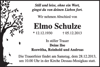 Traueranzeige von Elmo Schulze von Super Sonntag Dessau / Köthen