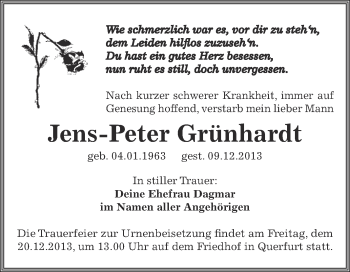 Traueranzeige von Jens-Peter Grünhardt von Super Sonntag Zeitz