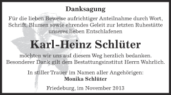 Traueranzeige von Karl-Heinz Schlüter von Wochenspiegel Mansfelder Land