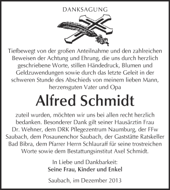 Traueranzeige von Alfred Schmidt von WVG - Wochenspiegel NMB / WSF / ZTZ