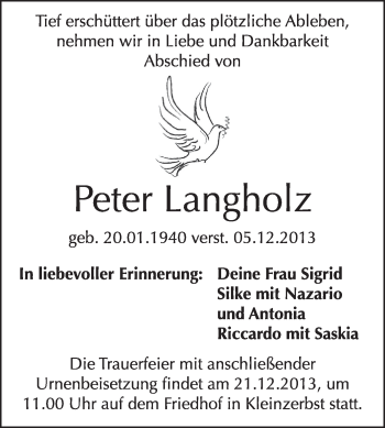 Traueranzeige von Peter Langholz von Super Sonntag Dessau / Köthen