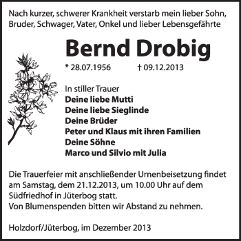 Traueranzeige von Bernd Drobig von Super Sonntag Wittenberg