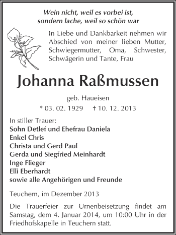 Traueranzeige von Johanna Raßmussen von WVG - Wochenspiegel NMB / WSF / ZTZ