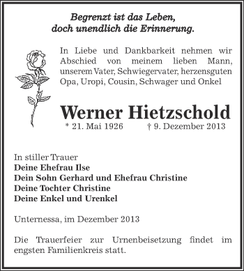 Traueranzeige von Werner Hietzschold von Super Sonntag Zeitz