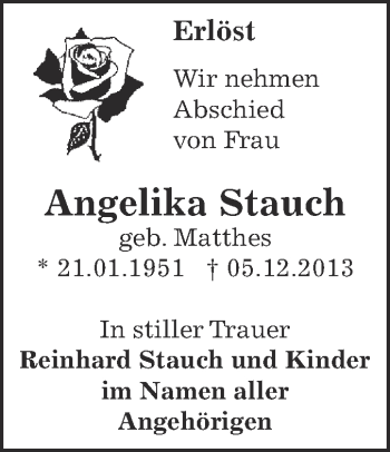 Traueranzeige von Angelika Stauch von Super Sonntag Zeitz