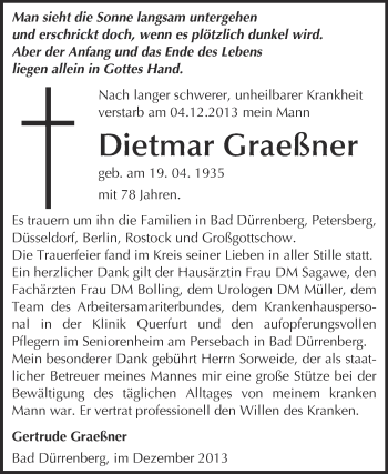 Traueranzeige von Dietmar Graeßner von Super Sonntag Merseburg
