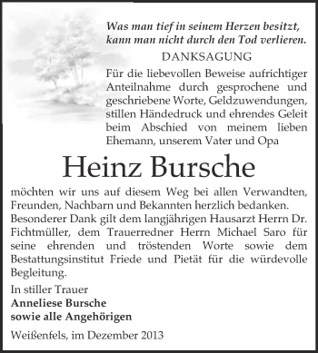 Traueranzeige von Heinz Bursche von WVG - Wochenspiegel NMB / WSF / ZTZ