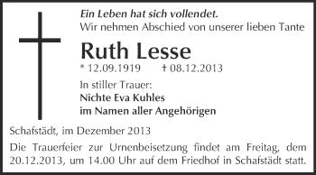 Traueranzeige von Ruth Lesse von WVG - Wochenspiegel Merseburg