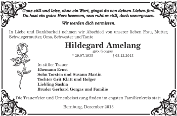 Traueranzeige von Hildegard Amelang von Super Sonntag Bernburg