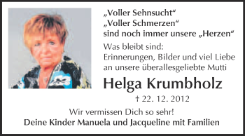 Traueranzeige von Helga Krumbholz von WVG - Wochenspiegel NMB / WSF / ZTZ