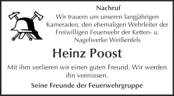 Traueranzeige von Heinz Poost von WVG - Wochenspiegel NMB / WSF / ZTZ