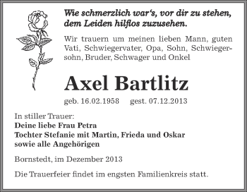 Traueranzeige von Axel Bartlitz von WVG - Wochenspiegel SGH