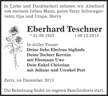 Traueranzeige von Eberhard Teschner von Super Sonntag Zeitz