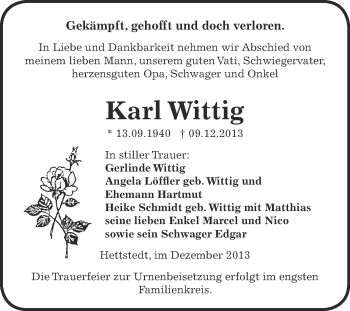 Traueranzeige von Karl Wittig von Super Sonntag SGH Mansf. Land