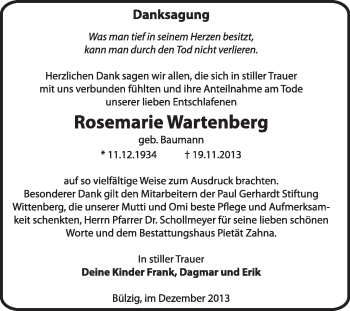 Traueranzeige von Rosemarie Wartenberg von Super Sonntag Wittenberg