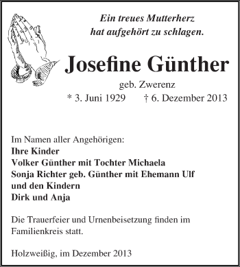 Traueranzeige von Josefine Günther von WVG - Wochenspiegel Halle