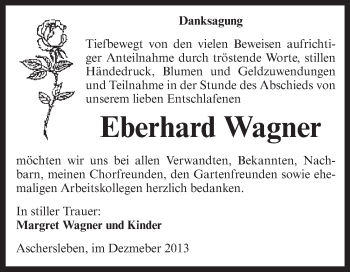 Traueranzeige von Eberhard Wagner von Super Sonntag Aschersleben