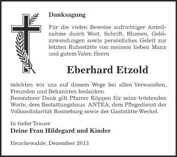 Traueranzeige von Eberhard Etzold von Super Sonntag Zeitz