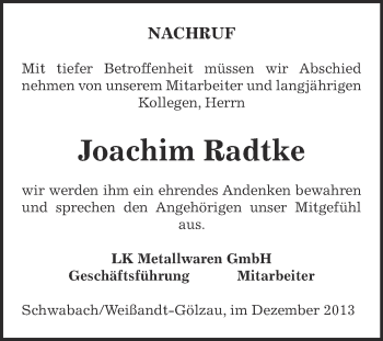 Traueranzeige von Joachim Radtke von WVG - Wochenspiegel Dessau / Köthen