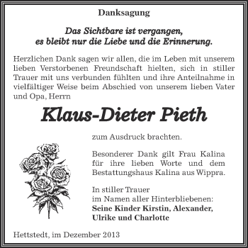 Traueranzeige von Klaus-Dieter Pieth von Wochenspiegel Mansfelder Land