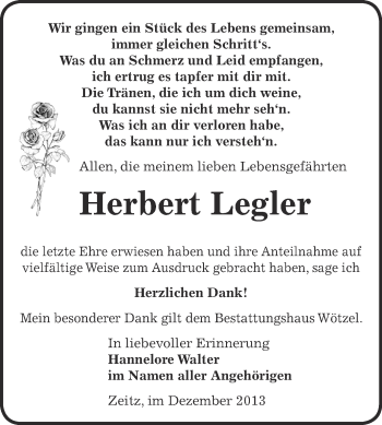 Traueranzeige von Herbert Legler von Super Sonntag Zeitz