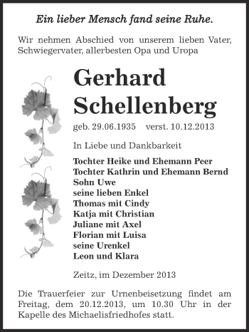 Traueranzeige von Gerhard Schellenberg von Super Sonntag Zeitz