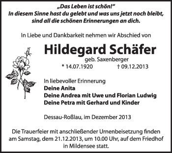 Traueranzeige von Hildrgard Schäfer von Super Sonntag Dessau / Köthen