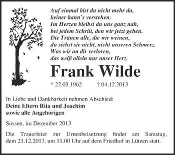 Traueranzeige von Frank Wilde von WVG - Wochenspiegel Merseburg