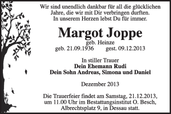 Traueranzeige von Margot Joppe von Super Sonntag Dessau / Köthen