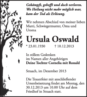 Traueranzeige von Ursula Oswald von WVG - Wochenspiegel Wittenberg