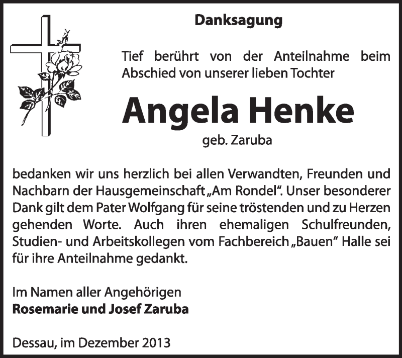  Traueranzeige für Angela Henke vom 15.12.2013 aus Super Sonntag Dessau / Köthen