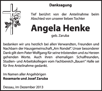 Traueranzeige von Angela Henke von Super Sonntag Dessau / Köthen