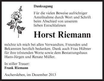 Traueranzeige von Horst Riemann von WVG - Wochenspiegel Aschersleben