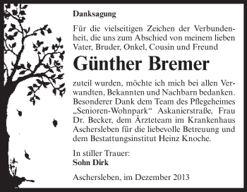 Traueranzeige von Günther Bremer von WVG - Wochenspiegel Aschersleben