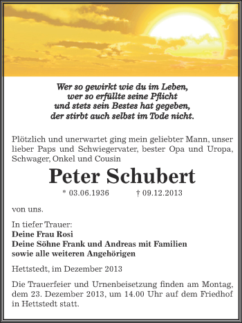 Traueranzeige von Peter Schubert von Wochenspiegel Mansfelder Land