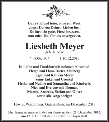 Traueranzeige von Liesbeth Meyer von Super Sonntag Aschersleben