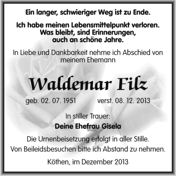 Traueranzeige von Waldemar Filz von Super Sonntag Dessau / Köthen