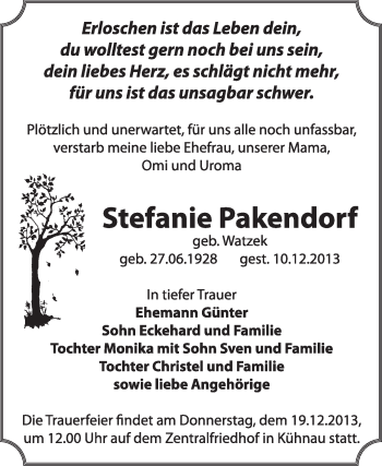 Traueranzeige von Stefanie Pakendorf von Super Sonntag Dessau / Köthen