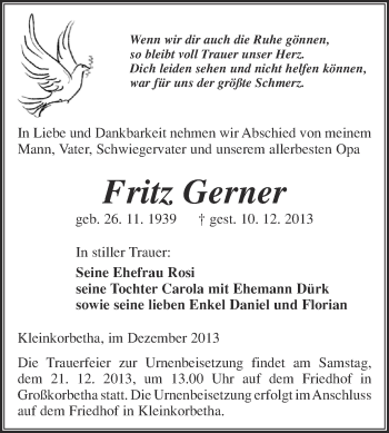 Traueranzeige von Fritz Gerner von WVG - Wochenspiegel NMB / WSF / ZTZ