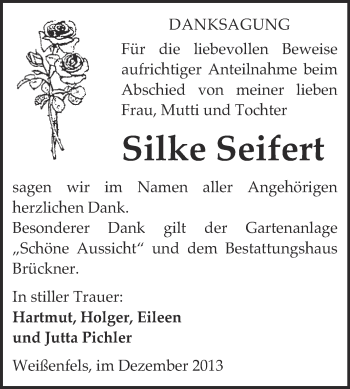 Traueranzeige von Silke Seifert von WVG - Wochenspiegel NMB / WSF / ZTZ