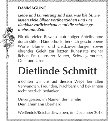 Traueranzeige von Dietlinde Schmitt von WVG - Wochenspiegel NMB / WSF / ZTZ