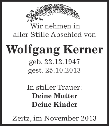 Traueranzeige von Wolfgang Kerner von Super Sonntag Zeitz