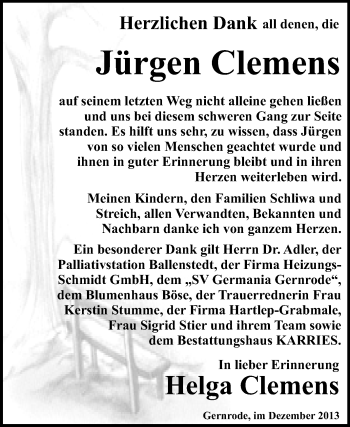Traueranzeige von Jürgen Clemens von WVG - Wochenspiegel Quedlinburg