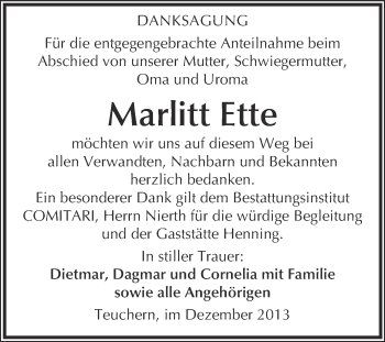Traueranzeige von Marlitt Ette von WVG - Wochenspiegel NMB / WSF / ZTZ