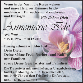 Traueranzeige von Annemarie Ide von WVG - Wochenspiegel Quedlinburg
