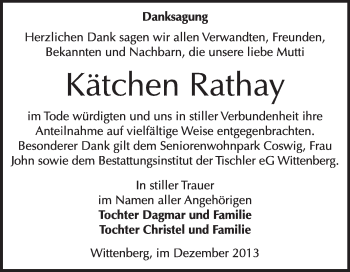 Traueranzeige von Kätchen Rathay von WVG - Wochenspiegel Wittenberg